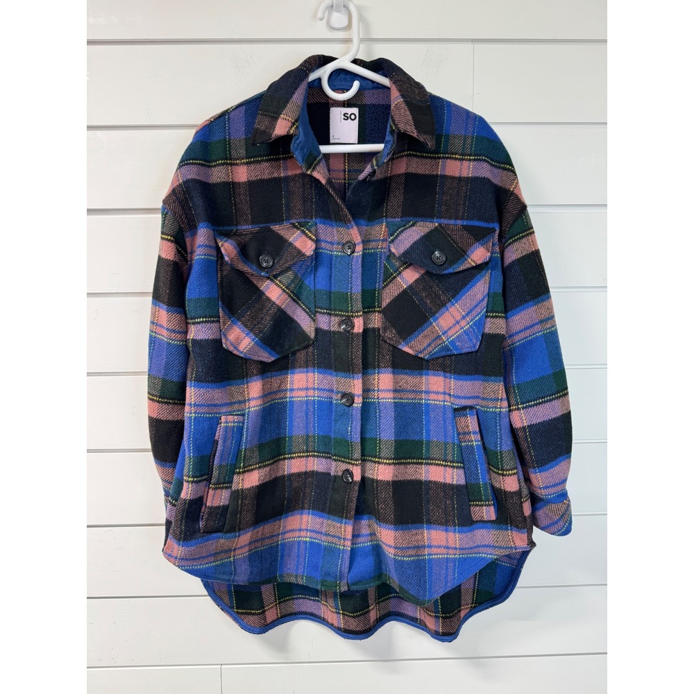 SO Goods For Life Women Plaid Fleece Shacket Blue Pink Green Size S RN73277